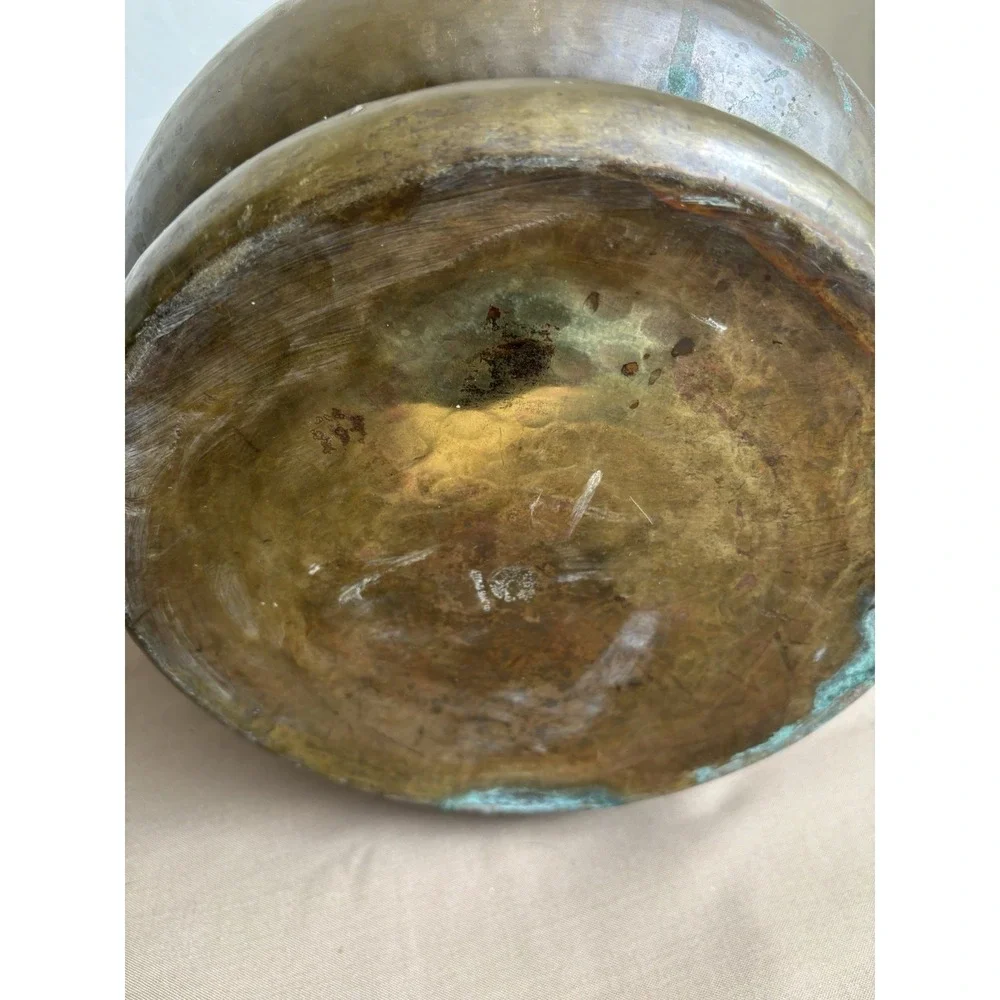 Vintage Jardiniere Hammered Brass Planter w Elephant Head Handles 9